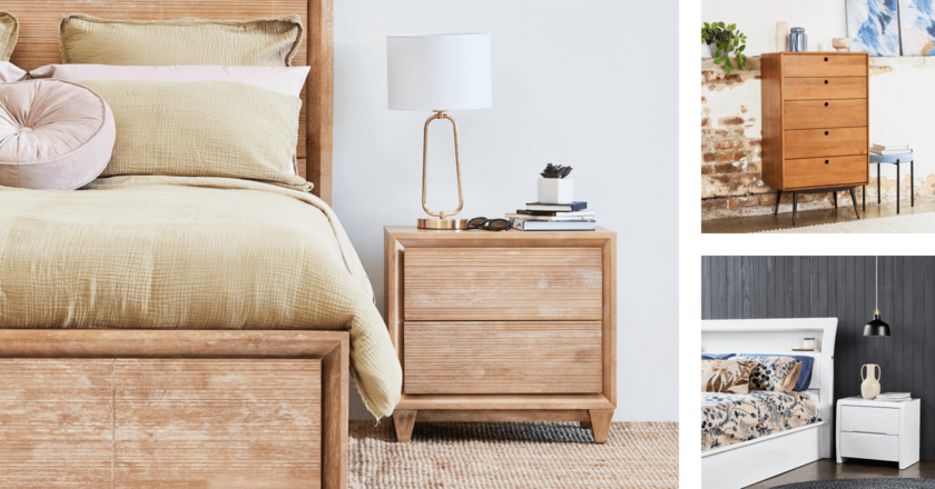 collage of a timber bedside, timber tallboy and white bedside table