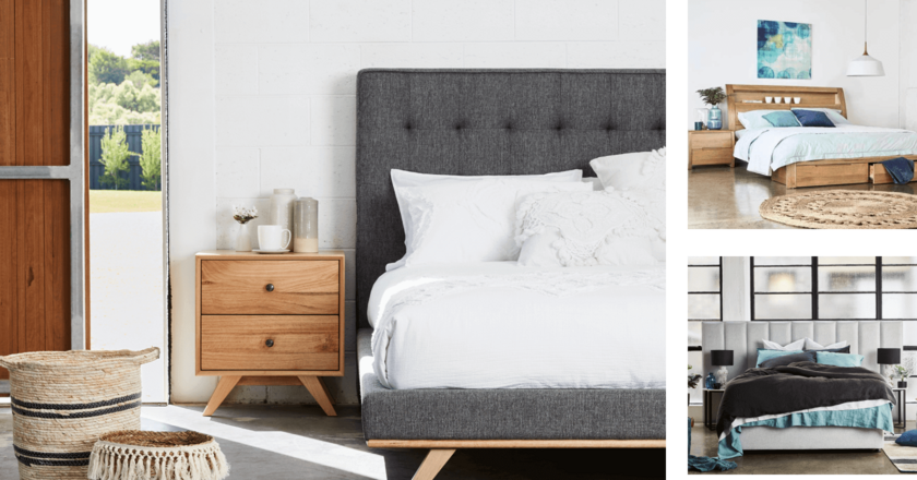 collage of upholstered beds and timber beds