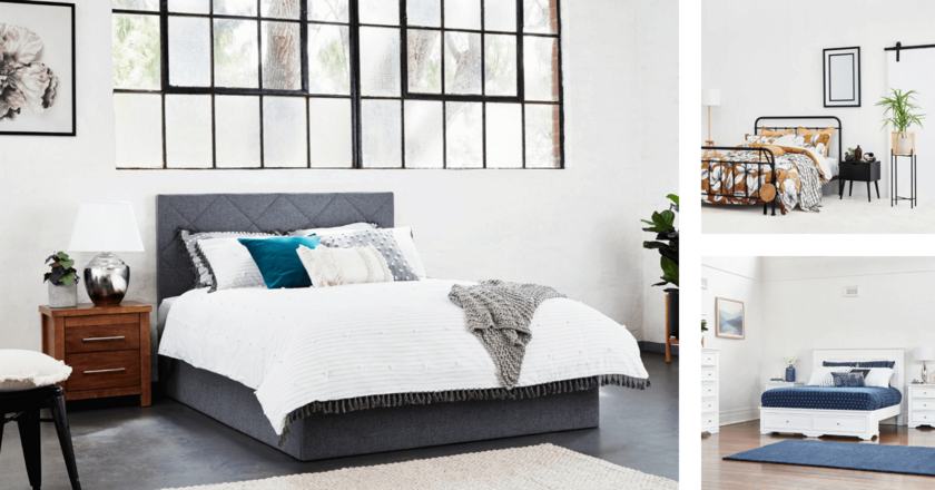collage of upholstered beds, timber beds and metal beds
