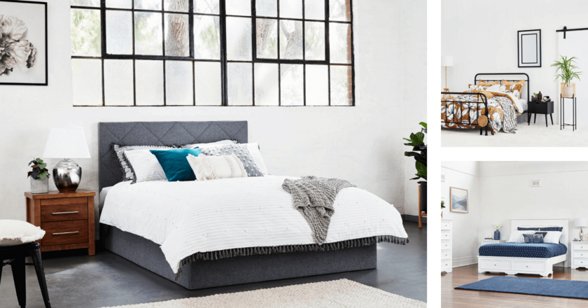 collage of upholstered beds, timber beds and metal beds