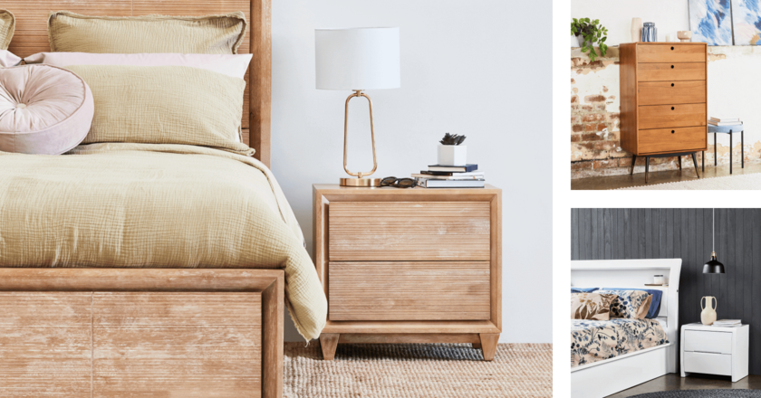 collage of a timber bedside, timber tallboy and white bedside table
