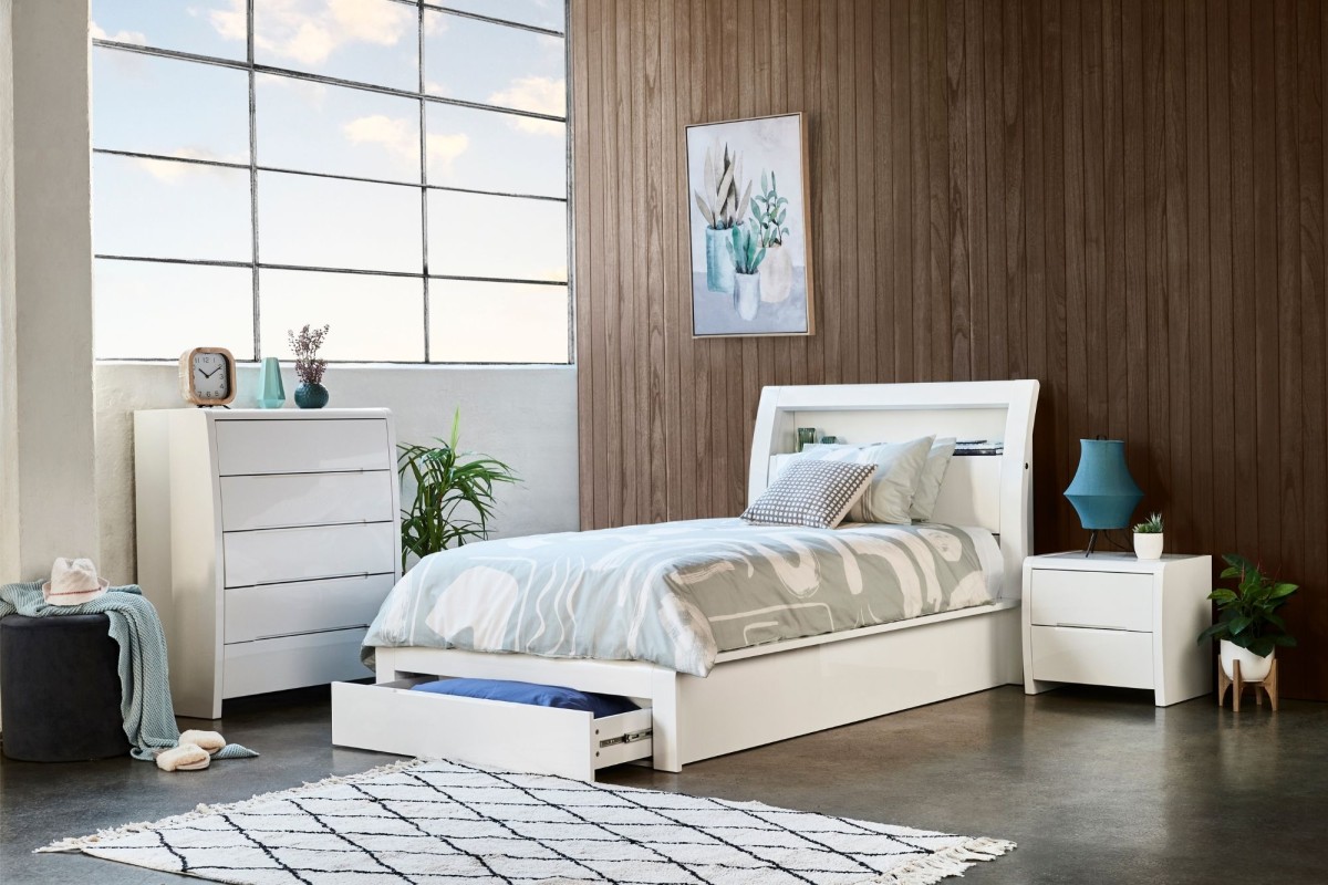 White single bed frame with drawers top